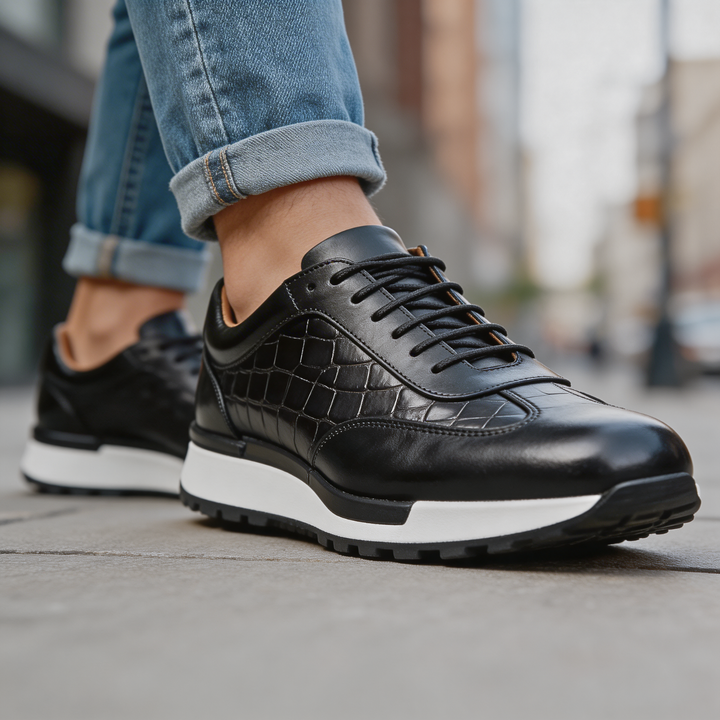 Sneakersy męskie ze skóry naturalnej z tłoczeniem w krokodyla sznurowane casualowe na jesień