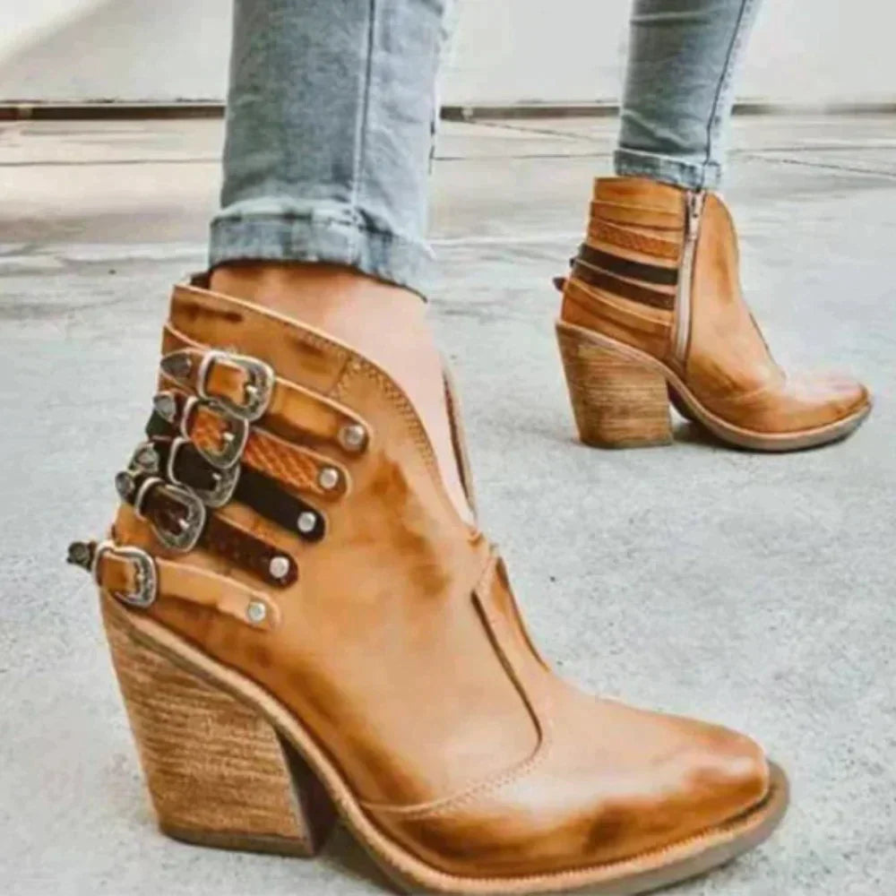 Botki damskie skórzane na słupku eleganckie kowbojki wiosenne casual do codziennego noszenia