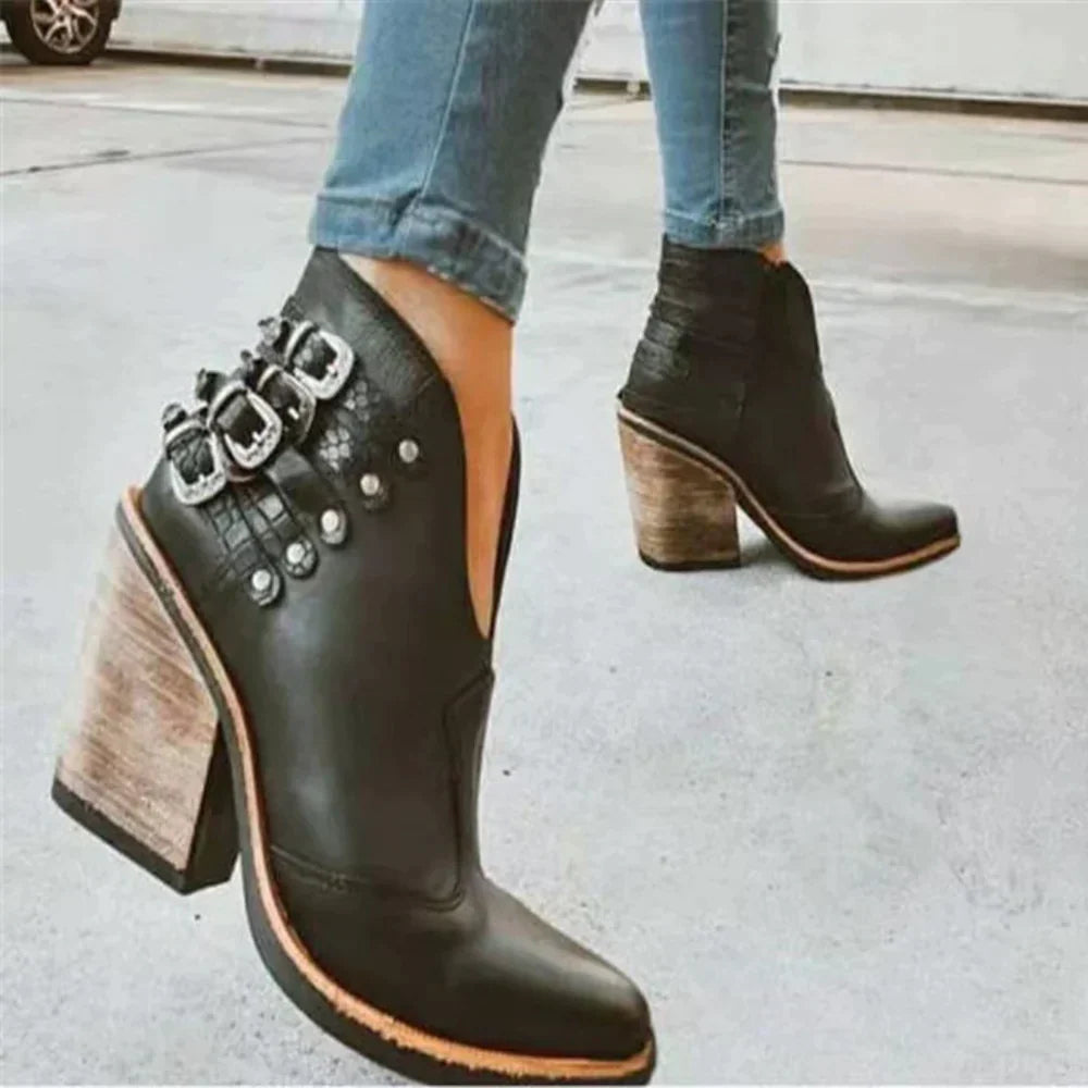 Botki damskie skórzane na słupku eleganckie kowbojki wiosenne casual do codziennego noszenia
