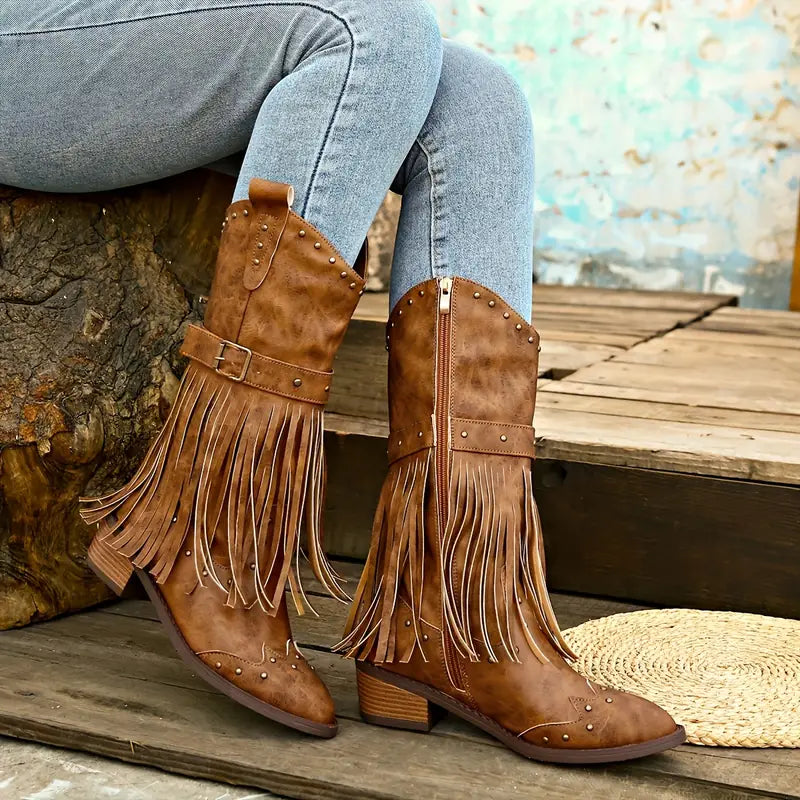 Dámské kožené kotníkové boty jarní kovbojky s třásněmi elegantní casual boho