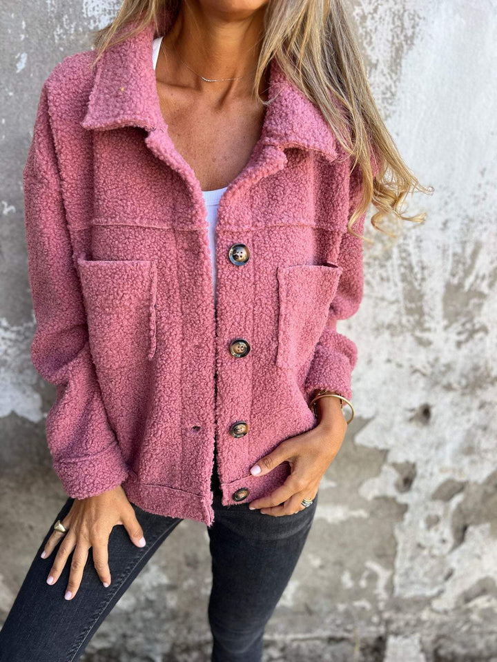 Kurtka damska fleece oversize na jesień i zimę zapinana z kołnierzem casual
