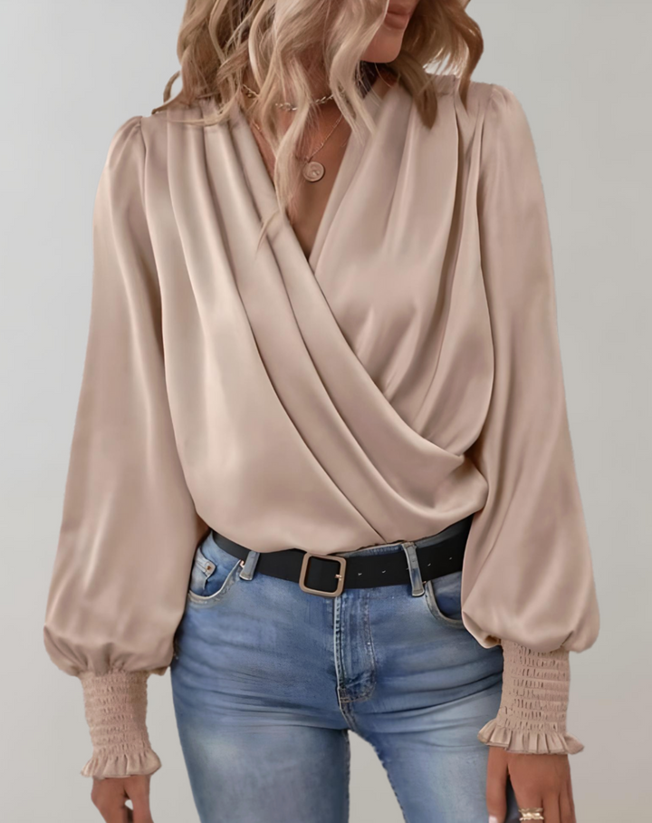 Bluzka damska satynowa na lato z długim rękawem i eleganckim dekoltem V-neck