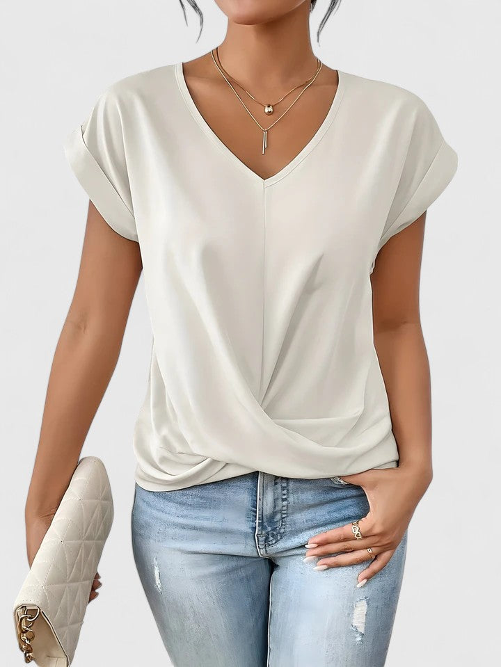 Top feminino de algodão com decote em V, elegante, com detalhe torcido para o outono