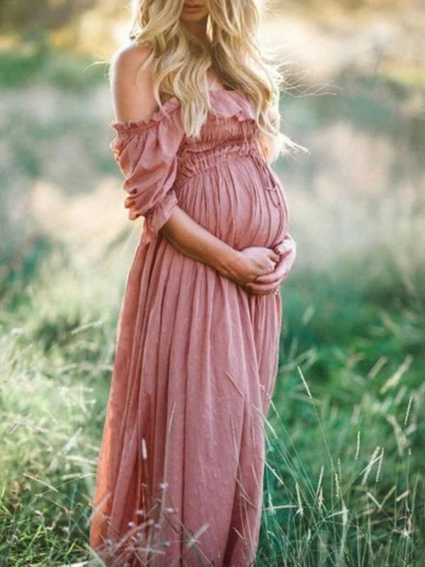 Vestido de gravidez de algodão arejado boho com decote barco para o verão