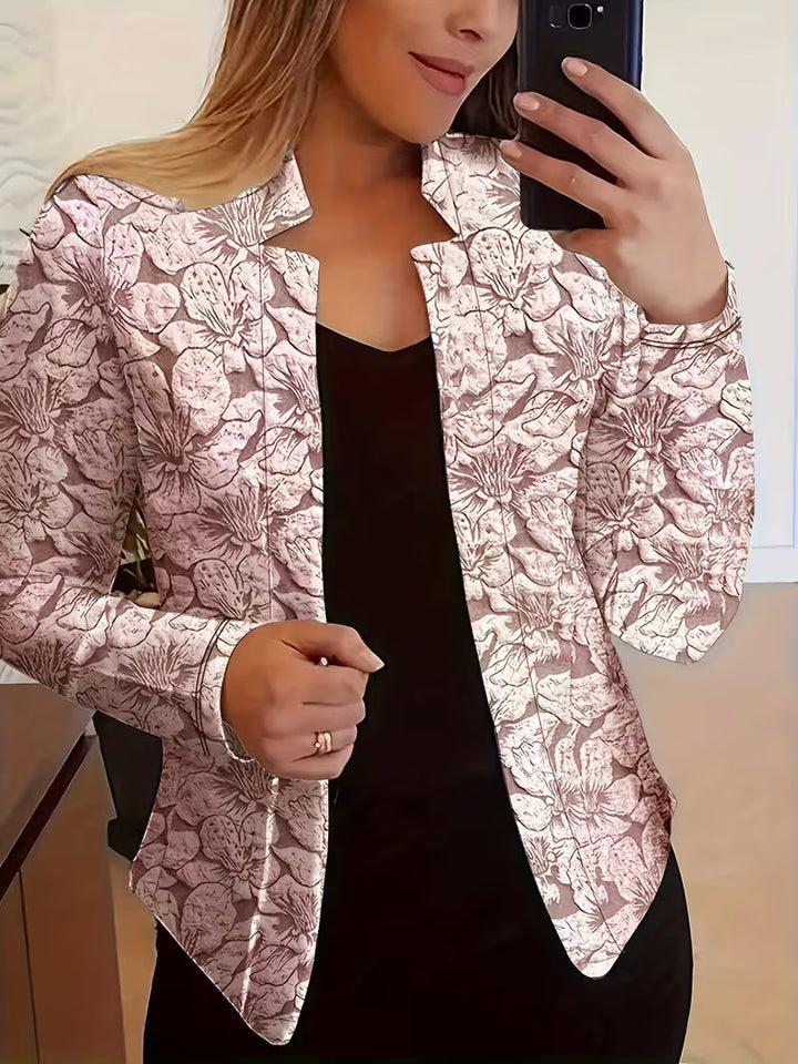 Marynarka damska w kwiaty bez zapięcia z wyrazistym kołnierzem z poliestru elegancka na jesień