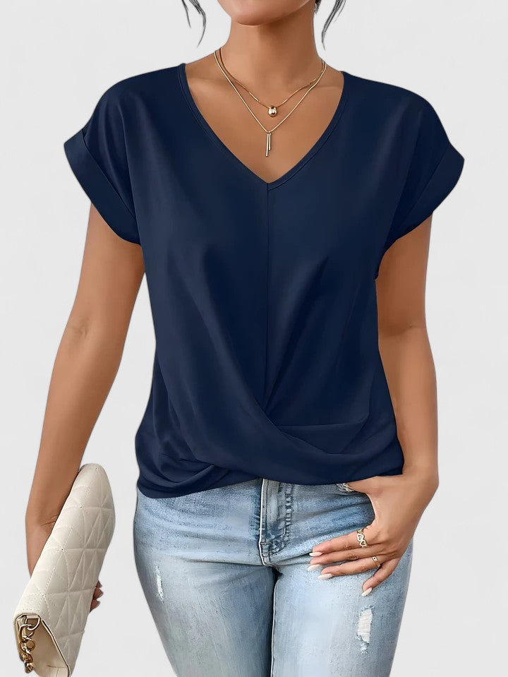 Top feminino de algodão com decote em V, elegante, com detalhe torcido para o outono