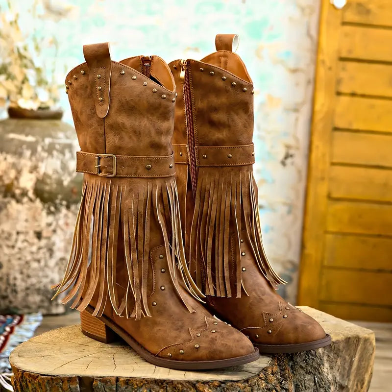 Dámské kožené kotníkové boty jarní kovbojky s třásněmi elegantní casual boho