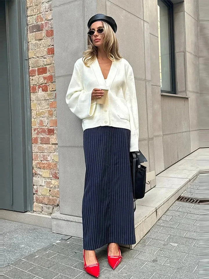 Kardigan damski z dzianiny na jesień casual z dekoltem V i eleganckimi guzikami