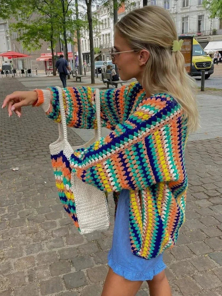 Kardigan damski dzianinowy na lato z wzorem w paski oversize do codziennych stylizacji