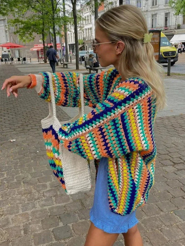 Kardigan damski dzianinowy na lato z wzorem w paski oversize do codziennych stylizacji