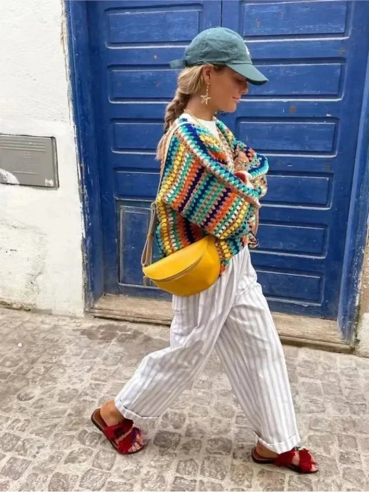 Kardigan damski dzianinowy na lato z wzorem w paski oversize do codziennych stylizacji