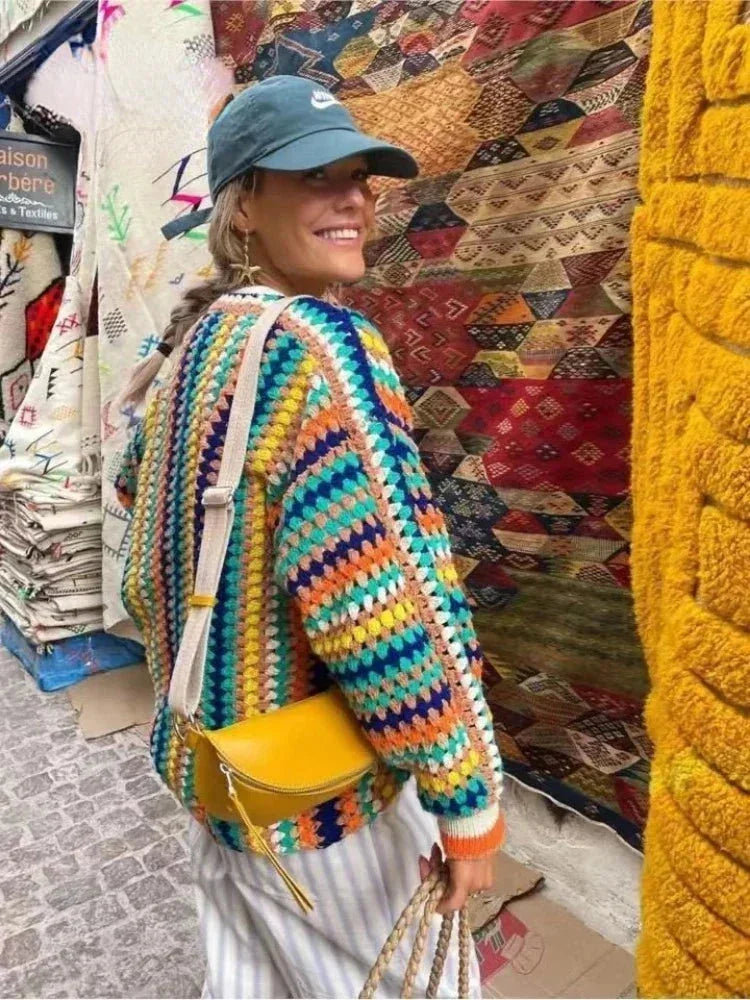 Kardigan damski dzianinowy na lato z wzorem w paski oversize do codziennych stylizacji