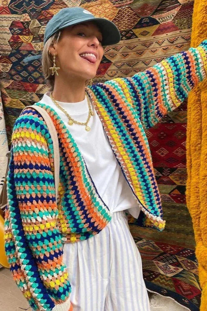 Kardigan damski dzianinowy na lato z wzorem w paski oversize do codziennych stylizacji