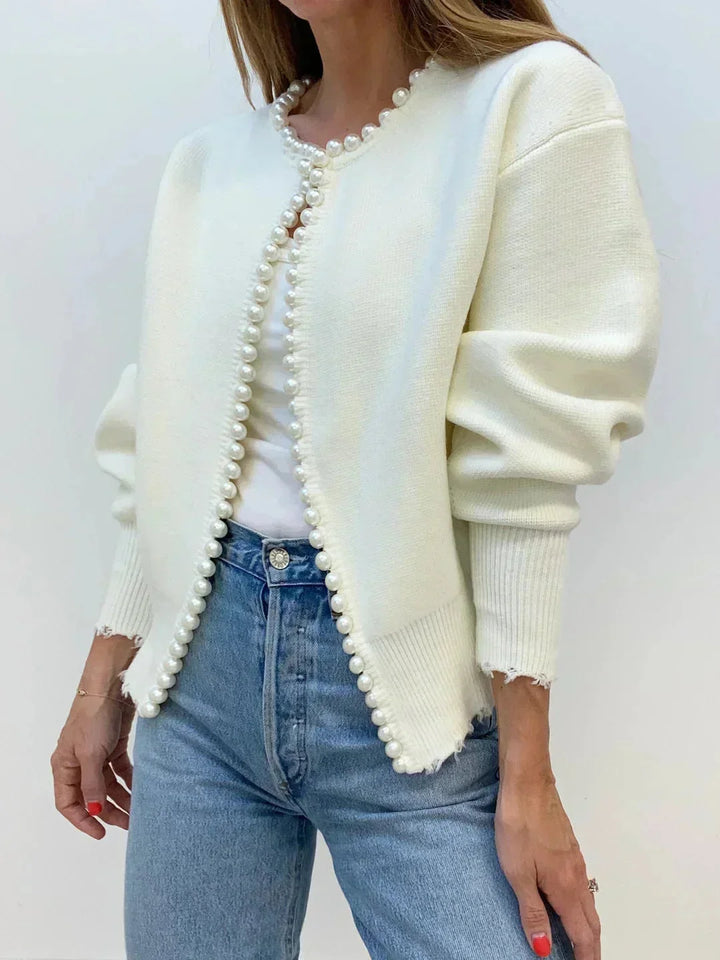 Kardigan damski z dzianiny z perłową lamówką – elegancki sweter na jesień