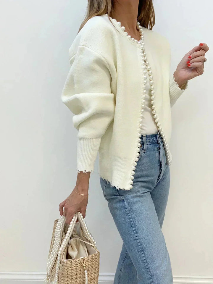 Kardigan damski z dzianiny z perłową lamówką – elegancki sweter na jesień