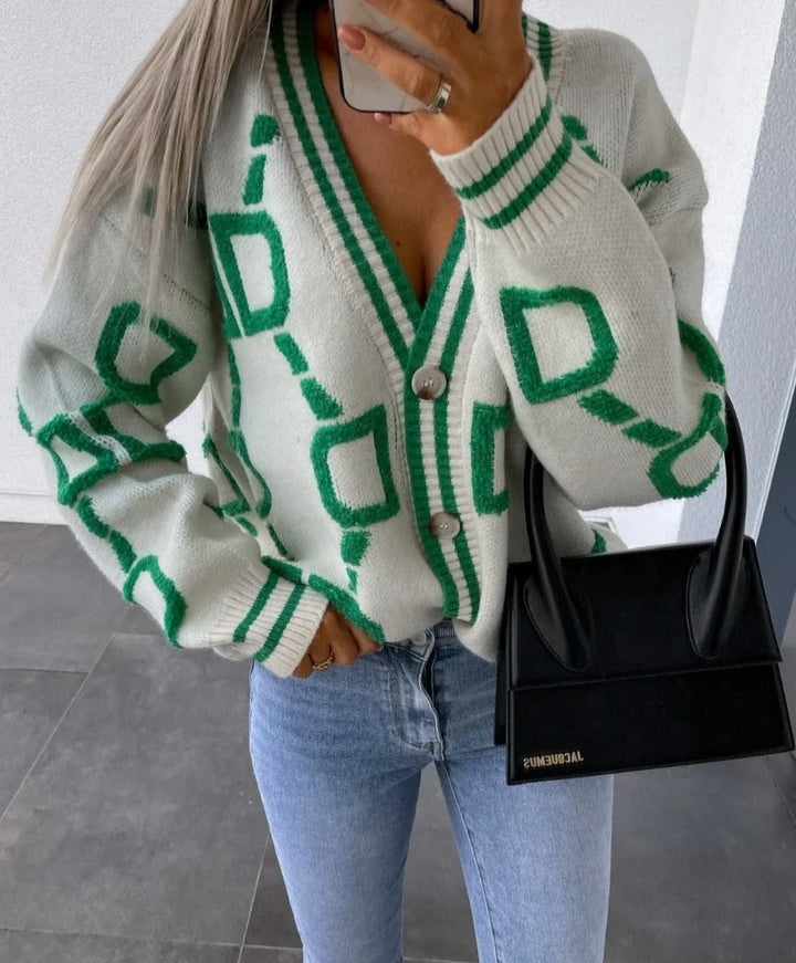 Kardigan damski dzianinowy z geometrycznym wzorem i guzikami na sezon jesienny
