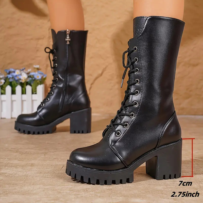 Women's leather ankle boots with heels lace-up fashionable spring elegant casual