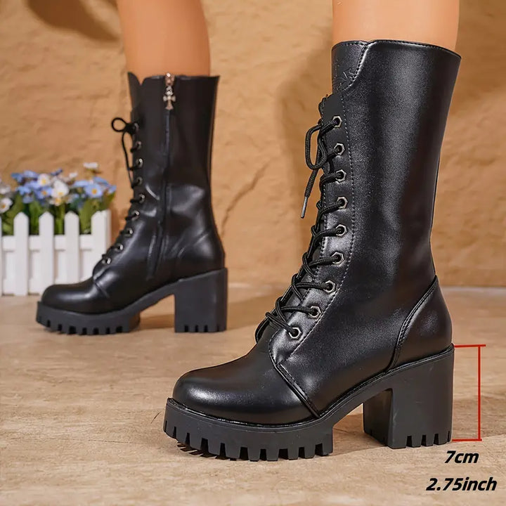 Women's leather ankle boots with heels lace-up fashionable spring elegant casual