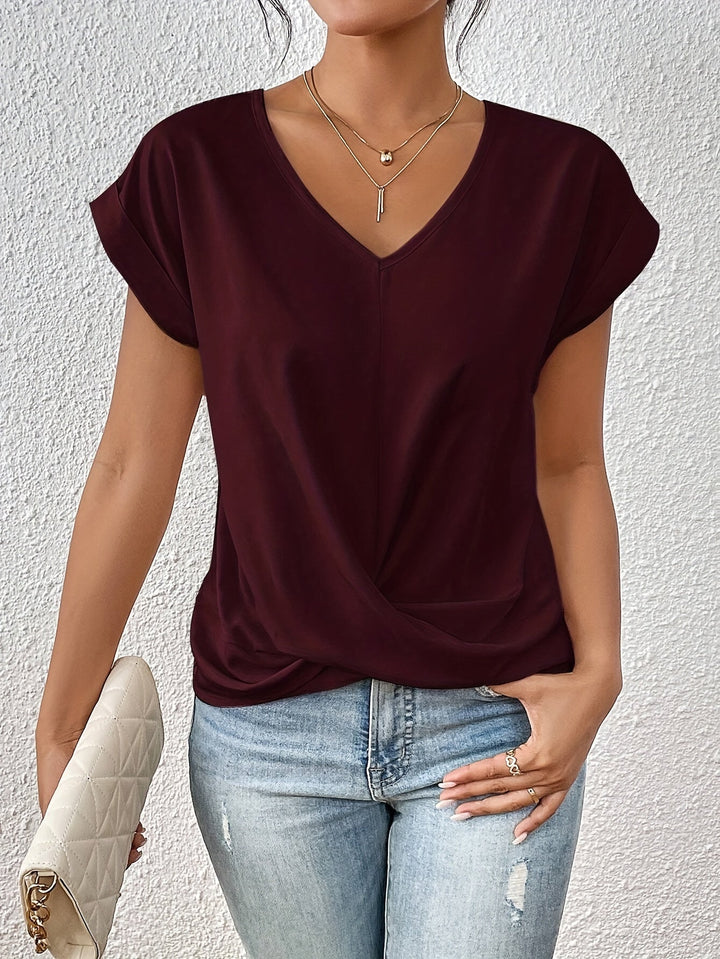 T-shirt de algodão para mulher com decote em V casual para o outono