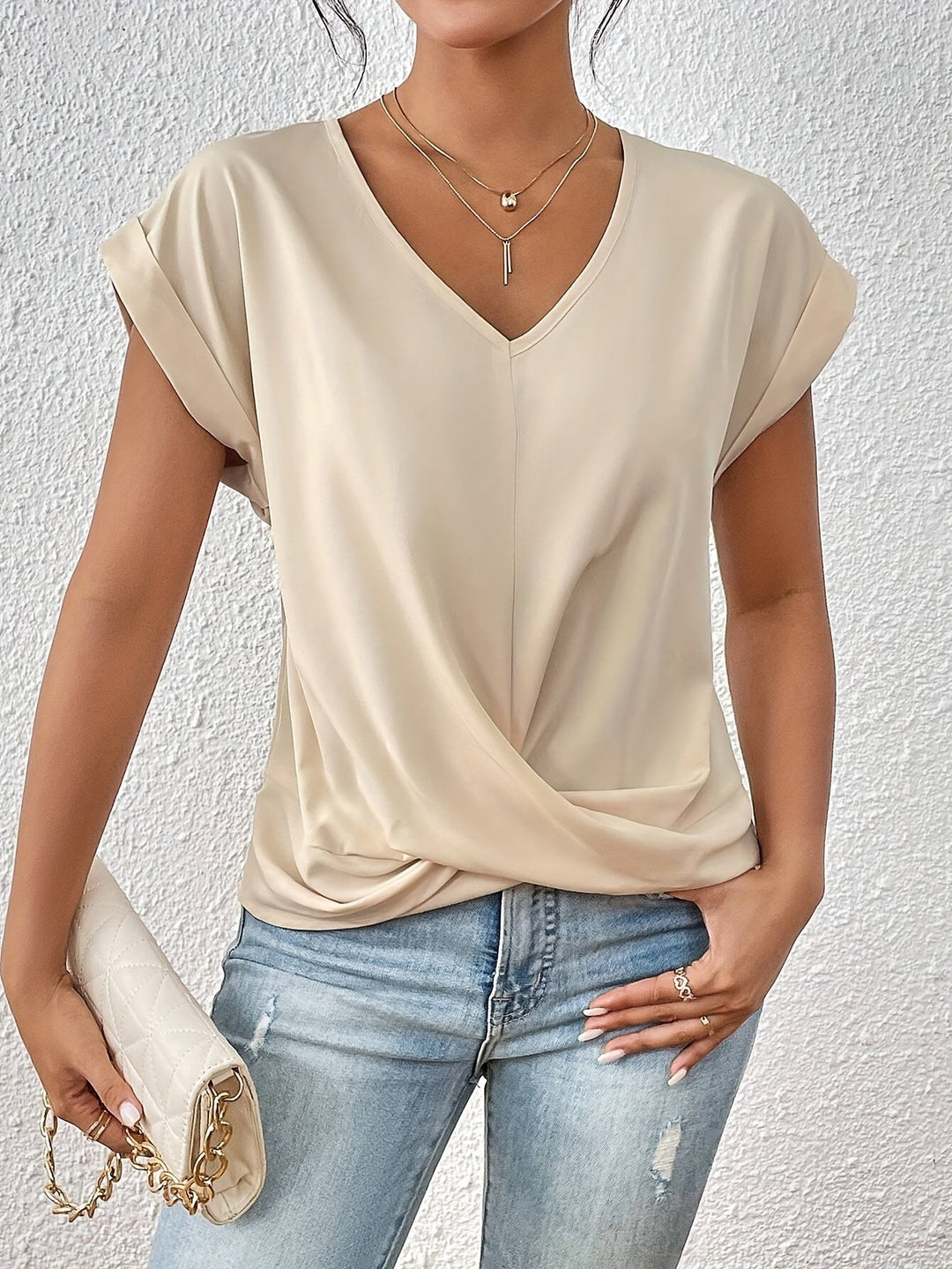 T-shirt de algodão para mulher com decote em V casual para o outono