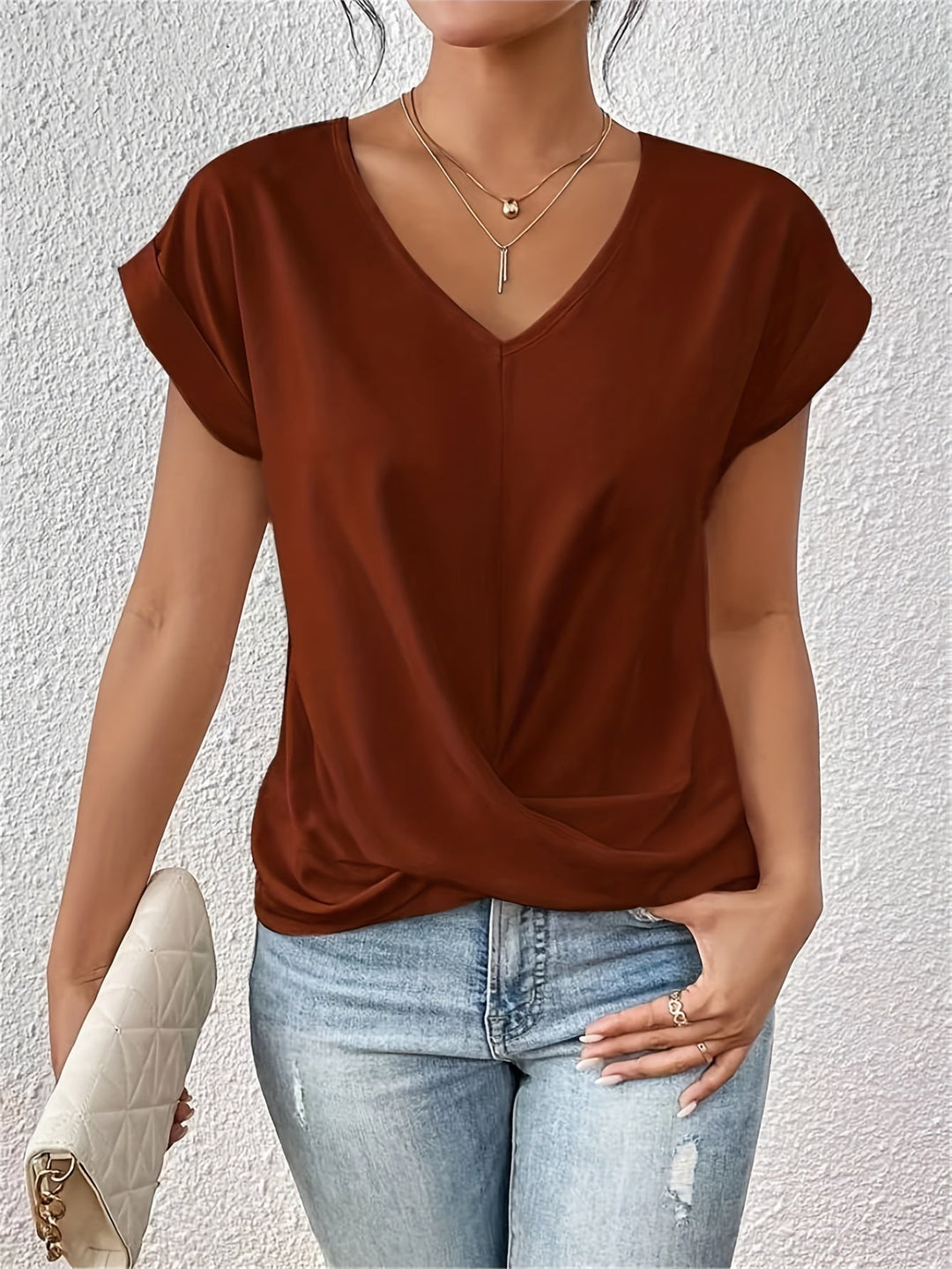 T-shirt de algodão para mulher com decote em V casual para o outono