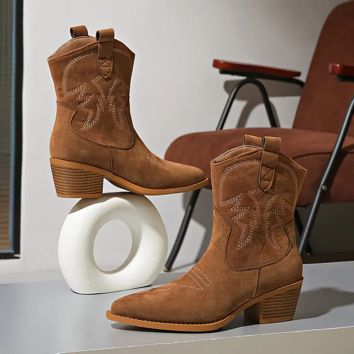 Julia - elegant embroidered western boots for women in ruby red