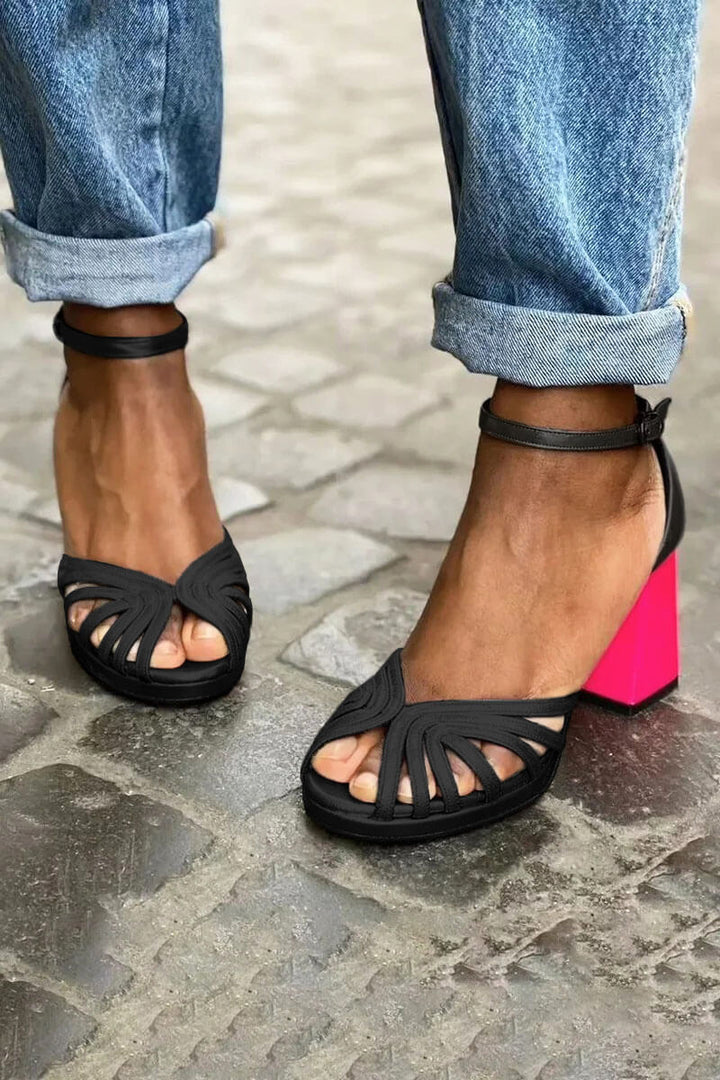 Szpilki damskie na lato z zapięciem na kostkę eleganckie stabilny obcas dwukolorowe
