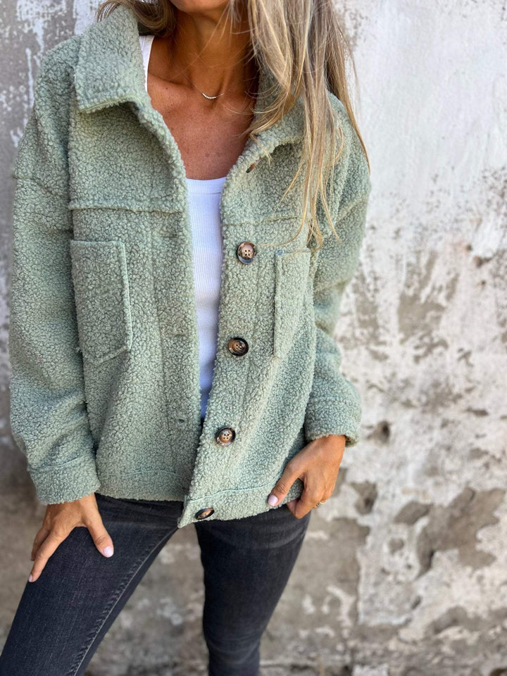 Kurtka damska fleece oversize na jesień i zimę zapinana z kołnierzem casual