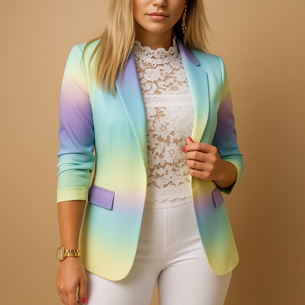 Blazer femme élégant cintré à col châle et imprimé tendance pour l’été