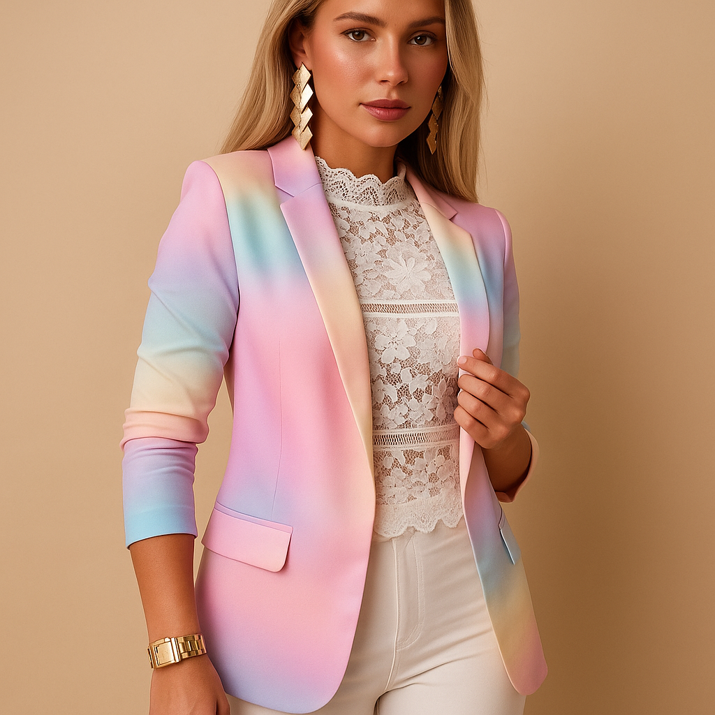 Blazer femme élégant cintré à col châle et imprimé tendance pour l’été
