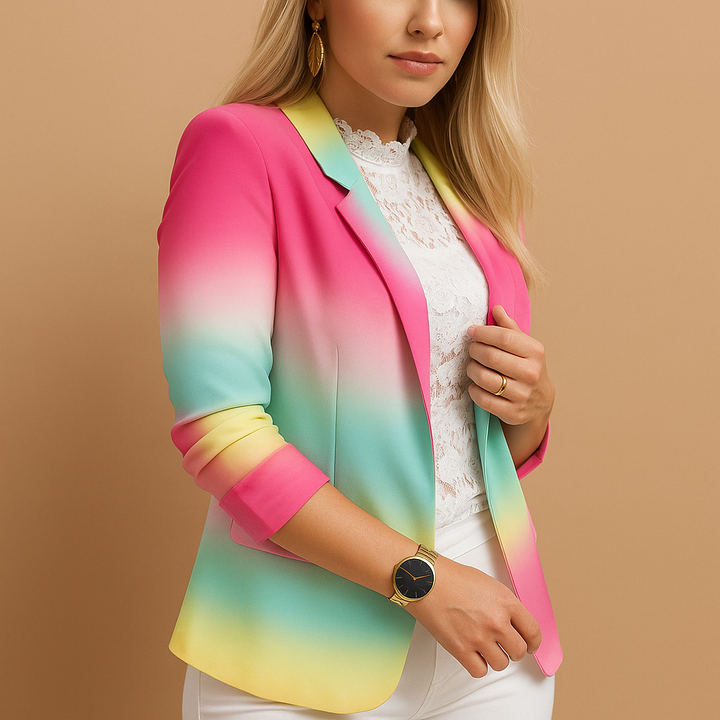 Blazer femme élégant cintré à col châle et imprimé tendance pour l’été