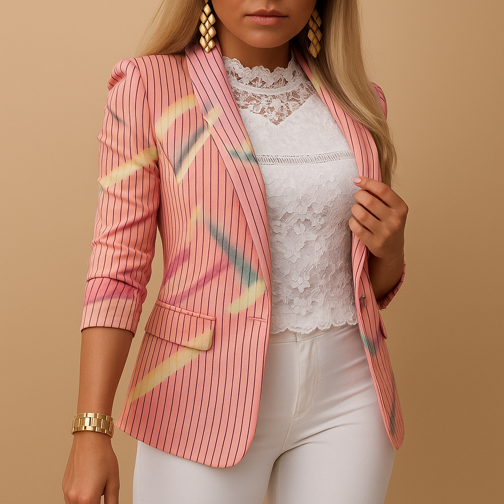 Blazer femme élégant cintré à col châle et imprimé tendance pour l’été