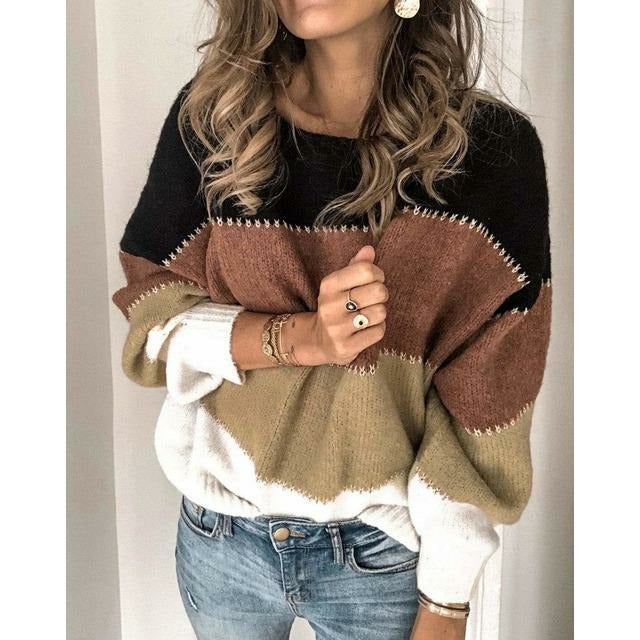 Sweter damski patchworkowy w paski z dzianiny wełnianej na jesień