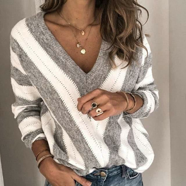 Sweter damski w paski z dekoltem V z dzianiny na jesień i wiosnę