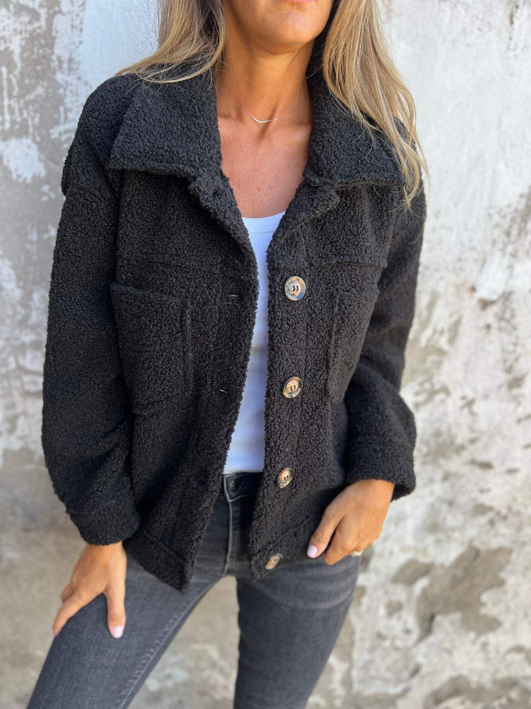 Kurtka damska fleece oversize na jesień i zimę zapinana z kołnierzem casual