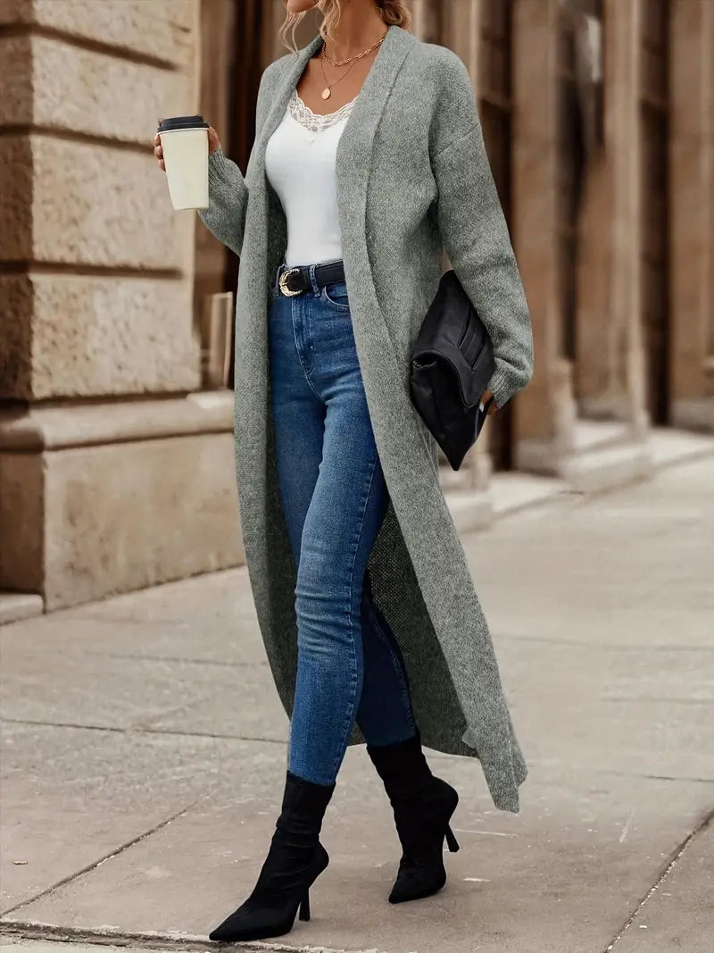 Kardigan damski długi wełniany wiosenny elegancki sweter damski narzutka knit