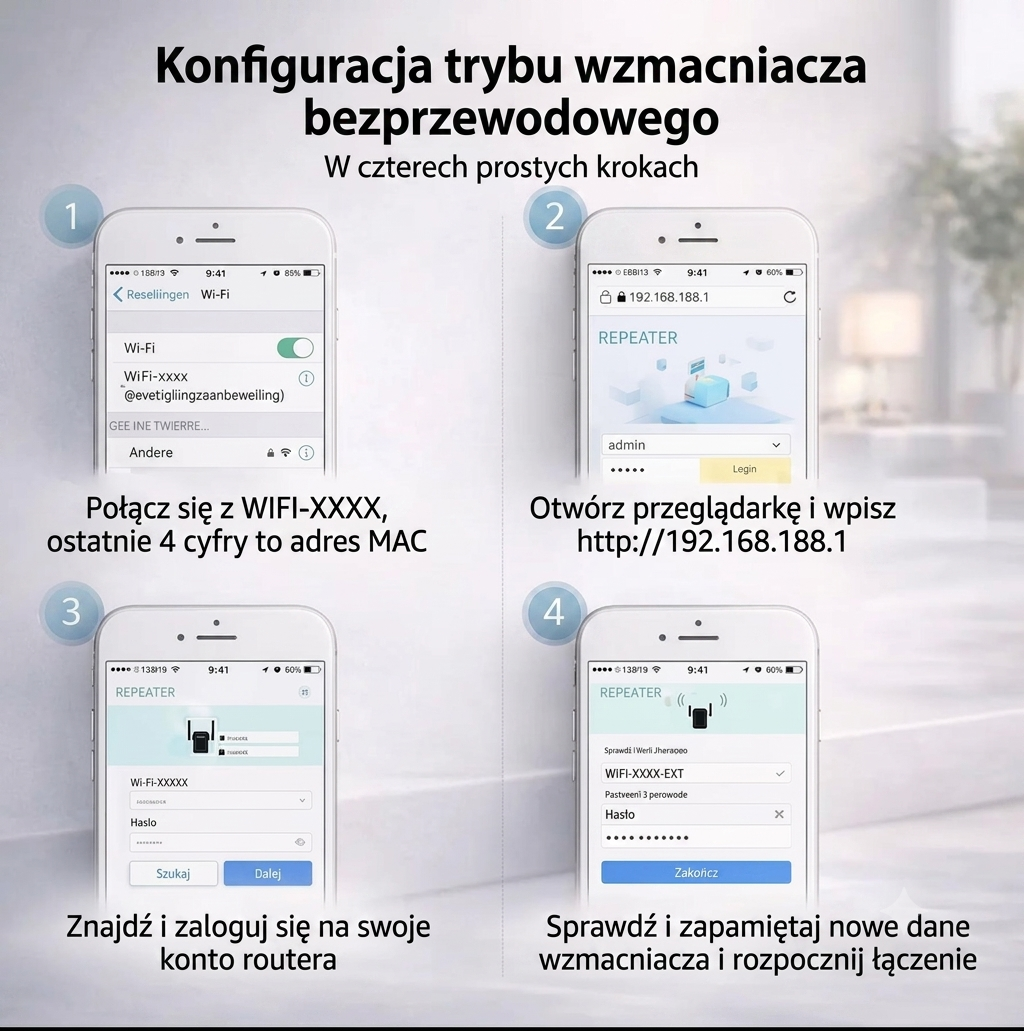 Wzmacniacz WiFi 300 Mbps 2.4 GHz do domu i biura zasięg 50m router AP repeater