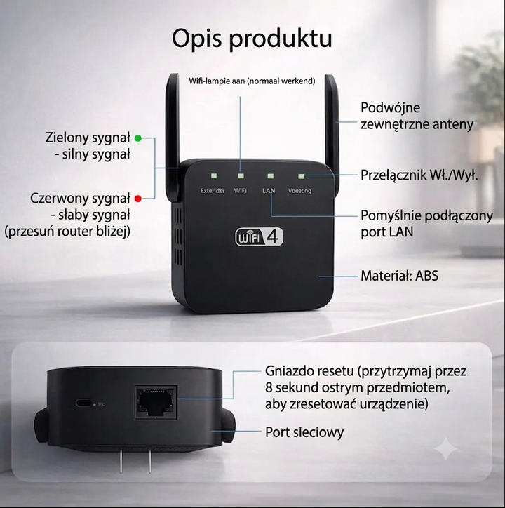 Wzmacniacz WiFi 300 Mbps 2.4 GHz do domu i biura zasięg 50m router AP repeater