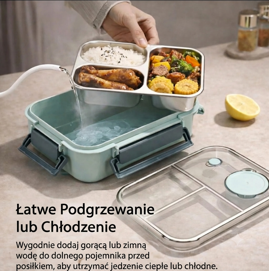 Pojemnik na jedzenie 3 przegródki stal nierdzewna szczelny termiczny do pracy szkoły