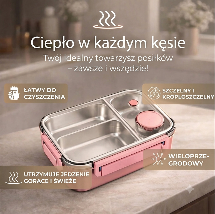 Pojemnik na jedzenie 3 przegródki stal nierdzewna szczelny termiczny do pracy szkoły