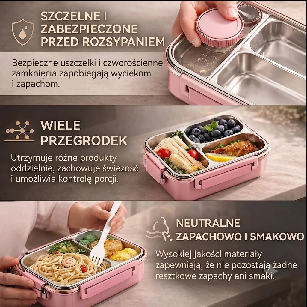 Pojemnik na jedzenie 3 przegródki stal nierdzewna szczelny termiczny do pracy szkoły