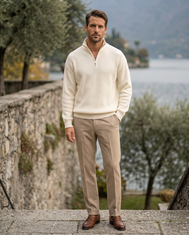 Męski sweter wełniany z zamkiem pod szyją prążkowany jesień smart casual