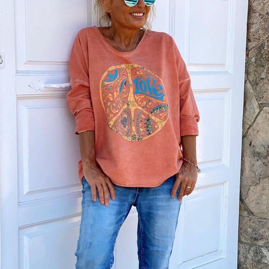 Bluza damska bawełniana oversize z nadrukiem retro z długim rękawem na jesień