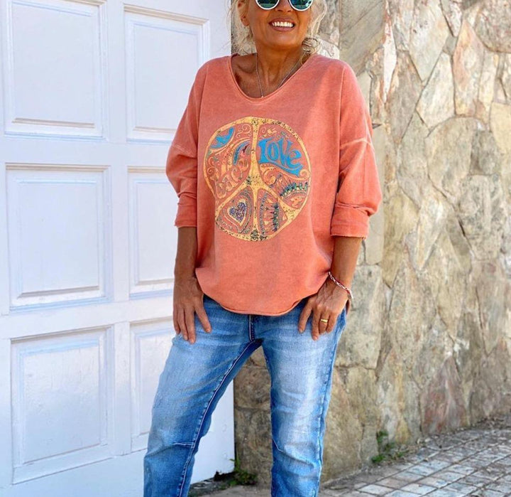 Bluza damska bawełniana oversize z nadrukiem retro z długim rękawem na jesień