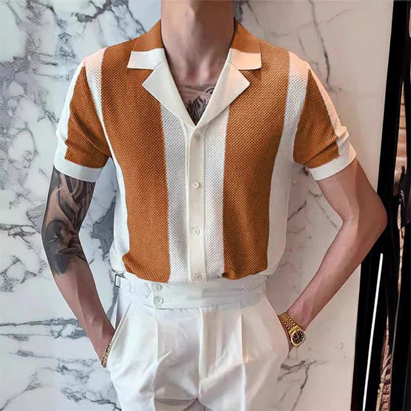 Koszula męska dzianinowa bawełniana na lato elegancka casual z krótkim rękawem