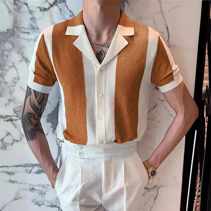 Koszula męska dzianinowa bawełniana na lato elegancka casual z krótkim rękawem