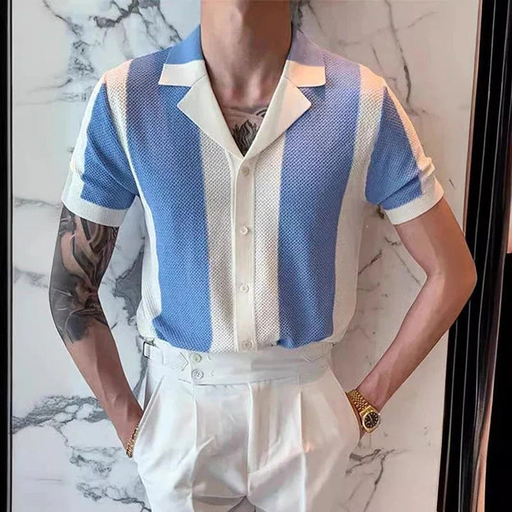 Koszula męska dzianinowa bawełniana na lato elegancka casual z krótkim rękawem