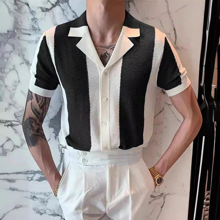Koszula męska dzianinowa bawełniana na lato elegancka casual z krótkim rękawem