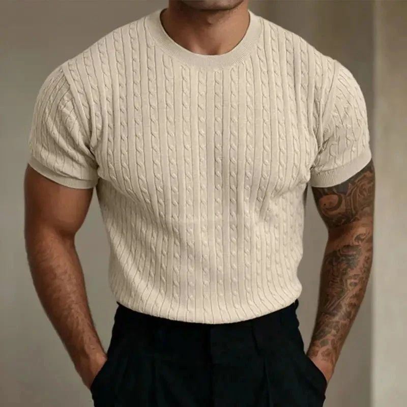 Koszulka męska dzianinowa bawełniana na lato – elegancki t-shirt slim fit knit