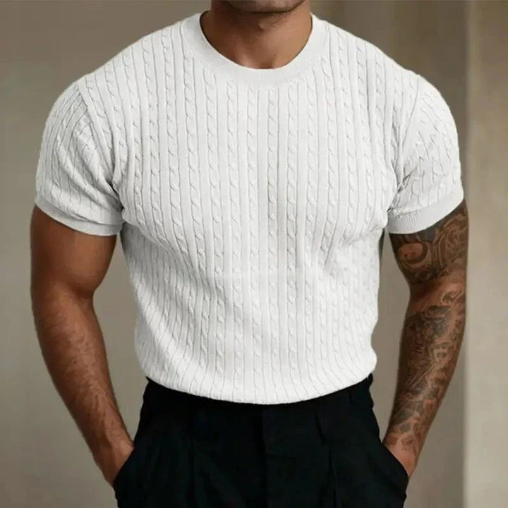 Koszulka męska dzianinowa bawełniana na lato – elegancki t-shirt slim fit knit